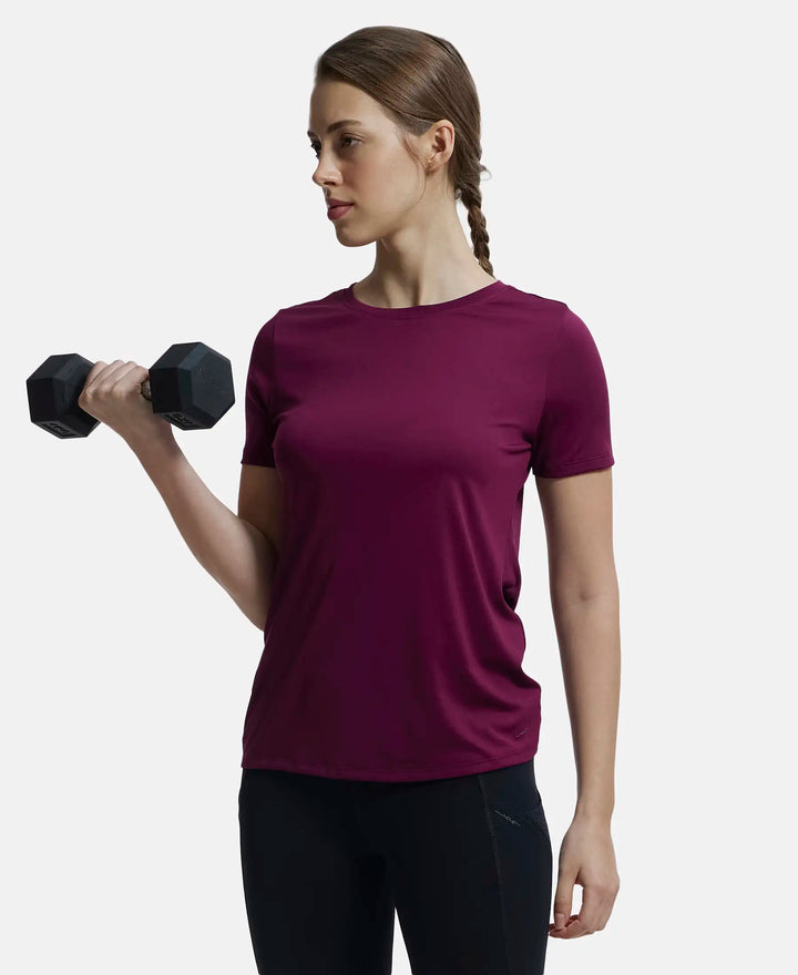 Microfiber Polyester Fabric Relaxed Fit Solid Round Neck Half Sleeve T-Shirt - Grape Wine-5