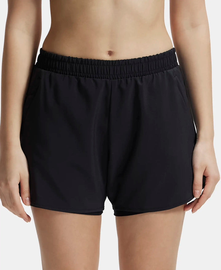 Microfiber Elastane Double Layered Woven Fabric Regular Fit Shorts with Zipper Pockets - Black-1