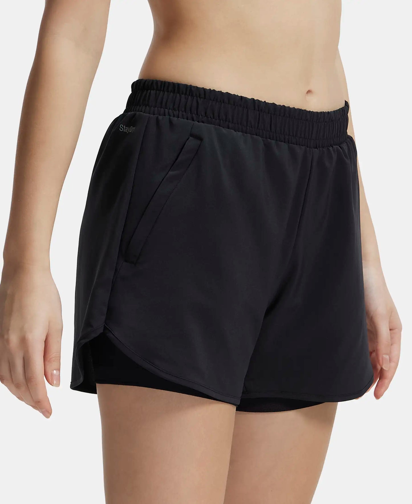 Microfiber Elastane Double Layered Woven Fabric Regular Fit Shorts with Zipper Pockets - Black-2