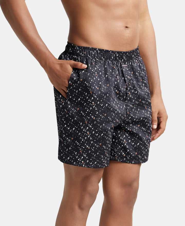 Super Combed Cotton Satin Weave Printed Boxer Shorts with Side Pocket - Black & Yellow-2