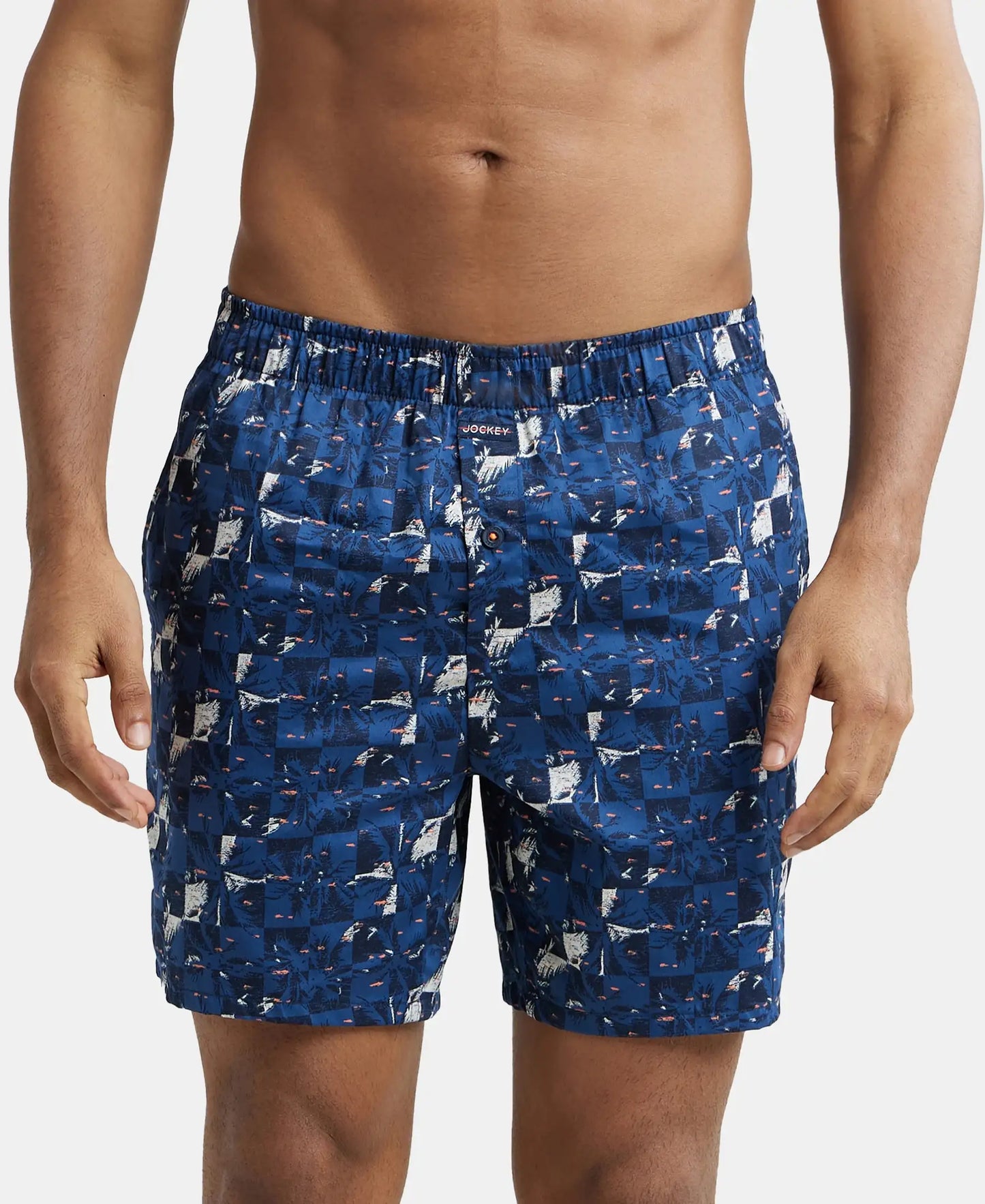 Super Combed Cotton Satin Weave Printed Boxer Shorts with Side Pocket - Navy & Orange-1