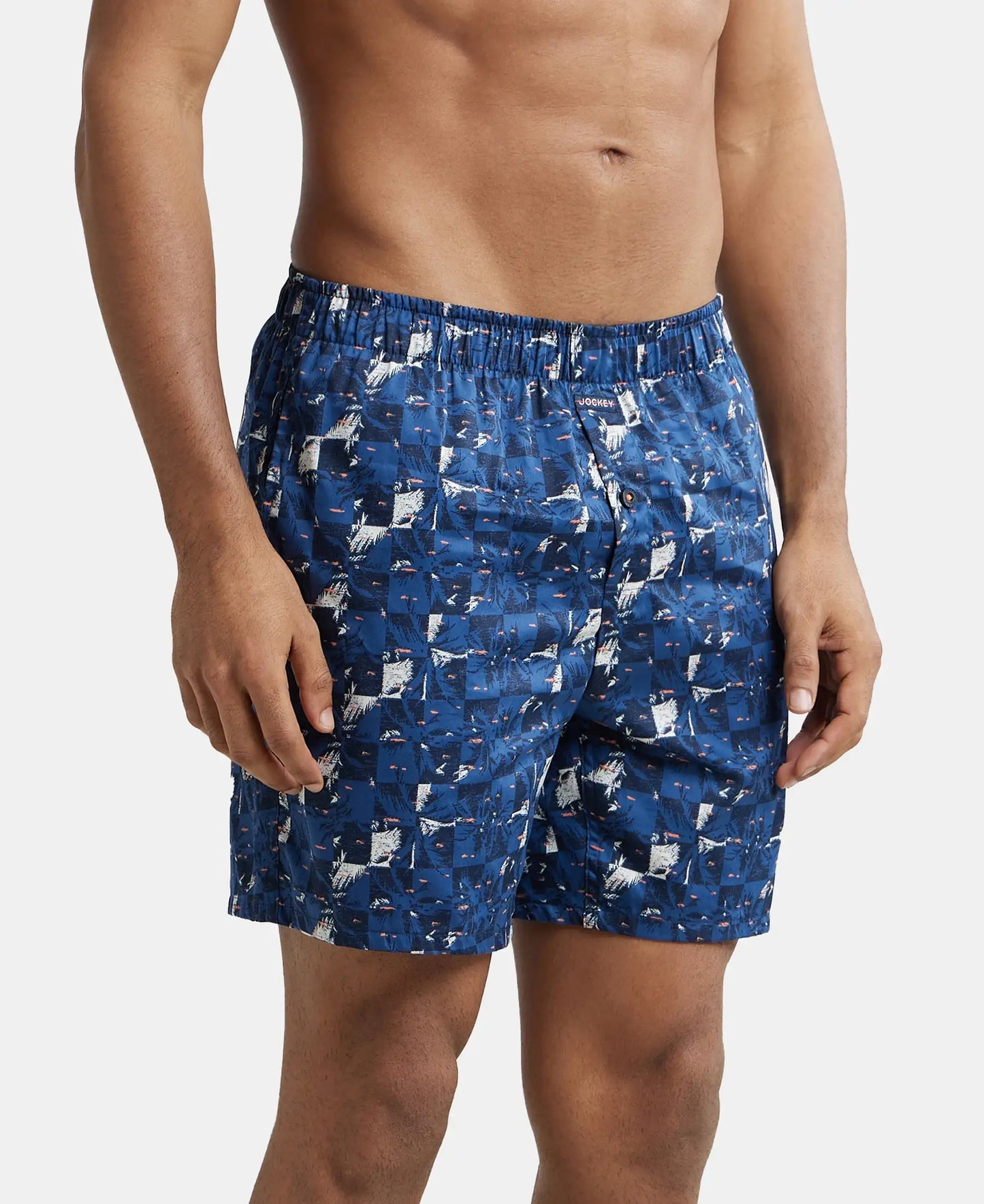 Super Combed Cotton Satin Weave Printed Boxer Shorts with Side Pocket - Navy & Orange-2