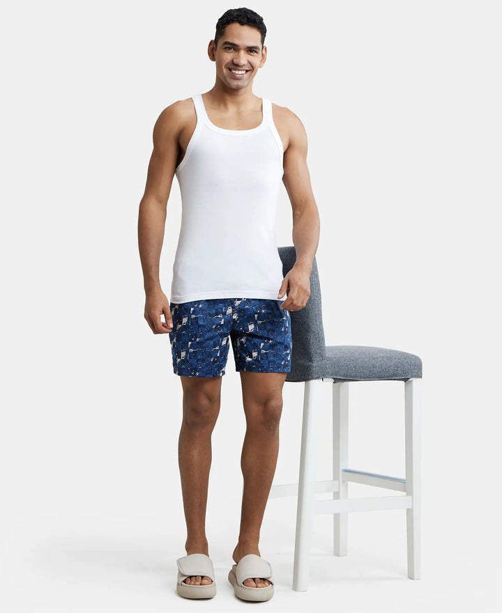 Super Combed Cotton Satin Weave Printed Boxer Shorts with Side Pocket - Navy & Orange-6