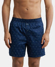 Super Combed Cotton Satin Weave Printed Boxer Shorts with Side Pocket - Navy & Yellow-1