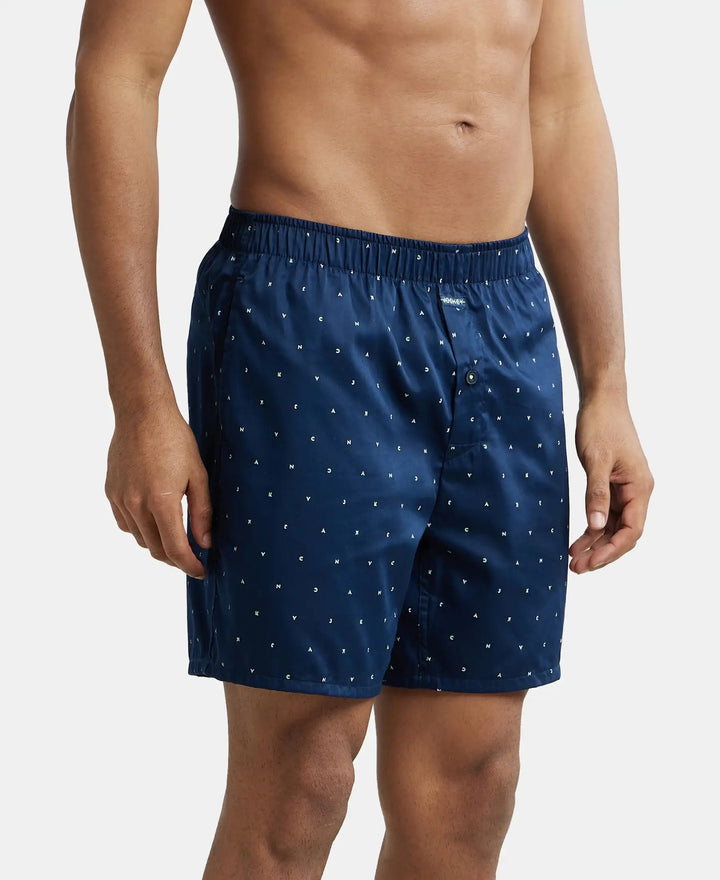 Super Combed Cotton Satin Weave Printed Boxer Shorts with Side Pocket - Navy & Yellow-2