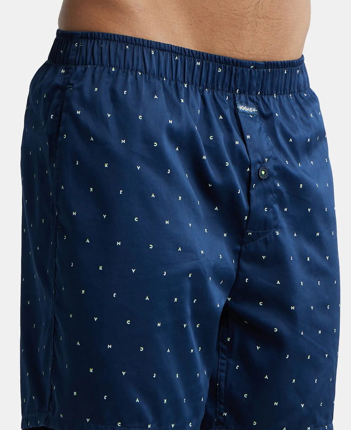 Super Combed Cotton Satin Weave Printed Boxer Shorts with Side Pocket - Navy & Yellow-7