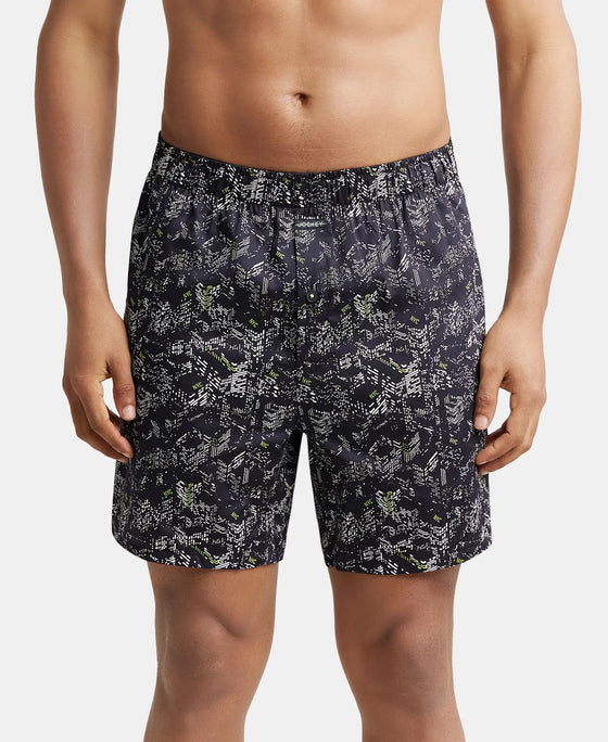 Super Combed Cotton Satin Weave Printed Boxer Shorts with Side Pocket - Black-Building-1