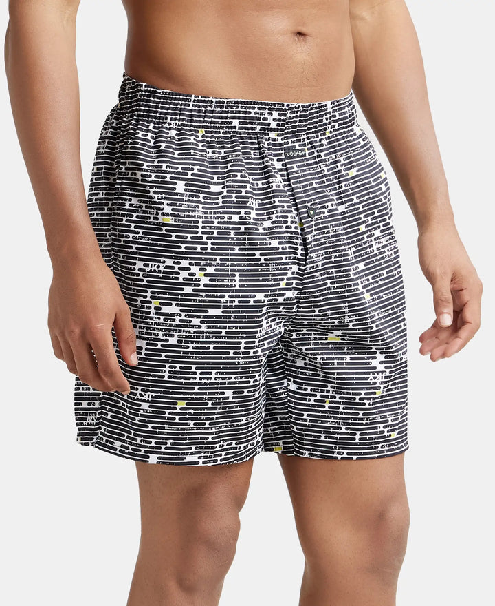 Super Combed Cotton Satin Weave Printed Boxer Shorts with Side Pocket - Black-Brick-2