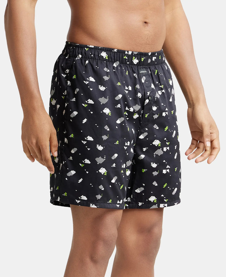 Super Combed Cotton Satin Weave Printed Boxer Shorts with Side Pocket - Black-Ditsy-2