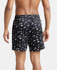 Super Combed Cotton Satin Weave Printed Boxer Shorts with Side Pocket - Black-Ditsy-3