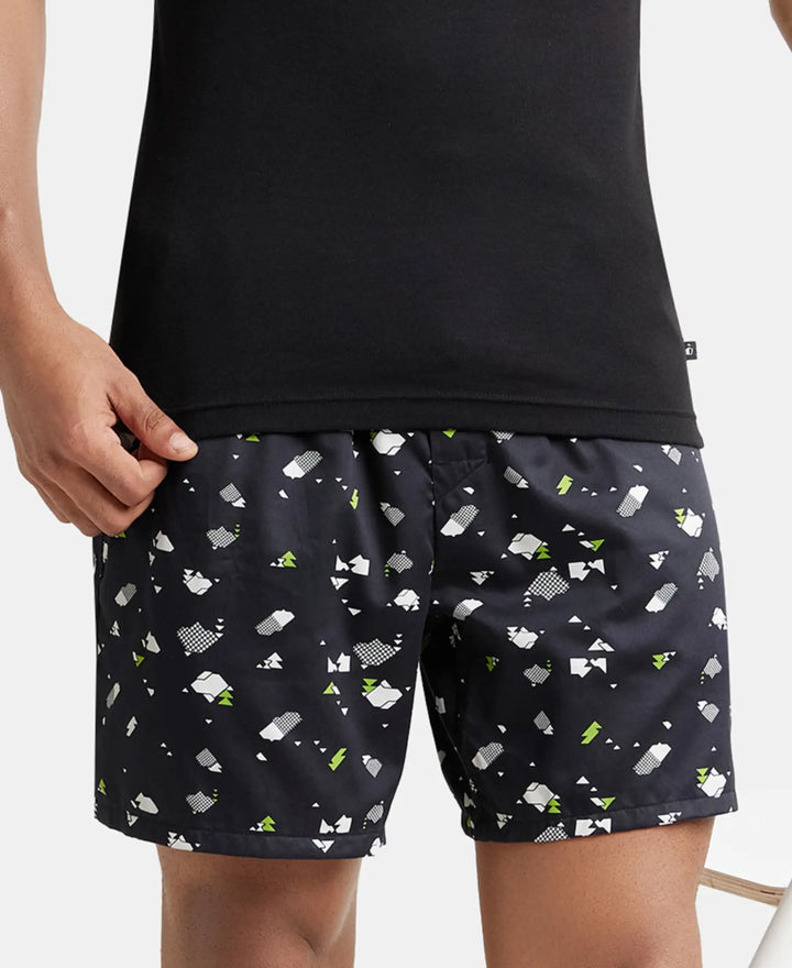 Super Combed Cotton Satin Weave Printed Boxer Shorts with Side Pocket - Black-Ditsy-5
