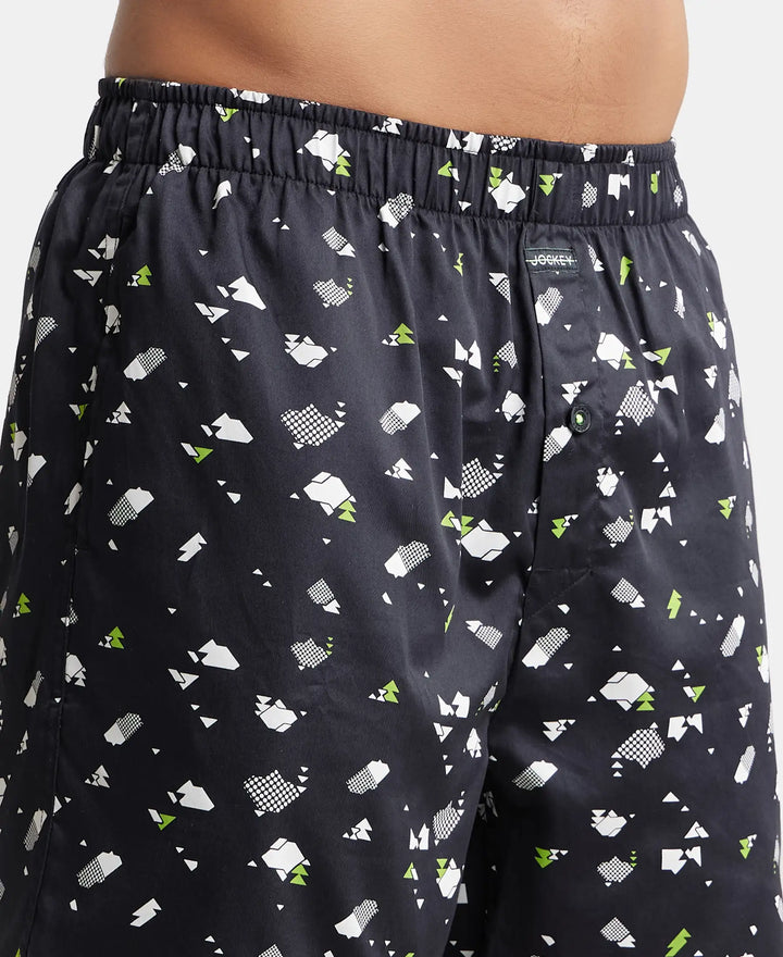Super Combed Cotton Satin Weave Printed Boxer Shorts with Side Pocket - Black-Ditsy-6