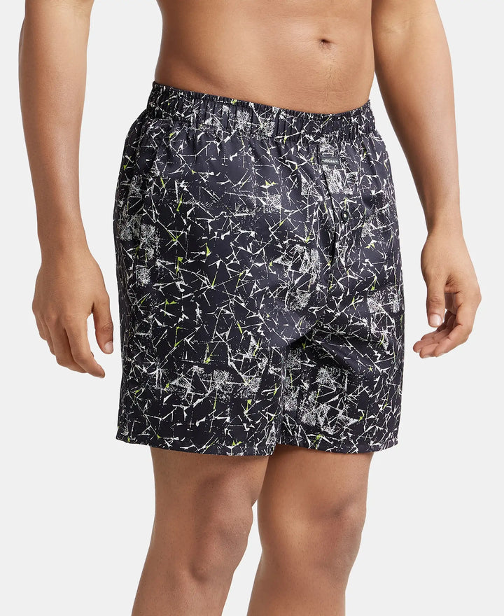 Super Combed Cotton Satin Weave Printed Boxer Shorts with Side Pocket - Black-Geometrical-2