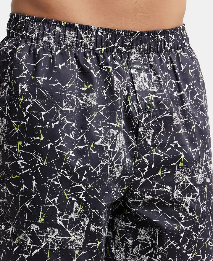 Super Combed Cotton Satin Weave Printed Boxer Shorts with Side Pocket - Black-Geometrical-6
