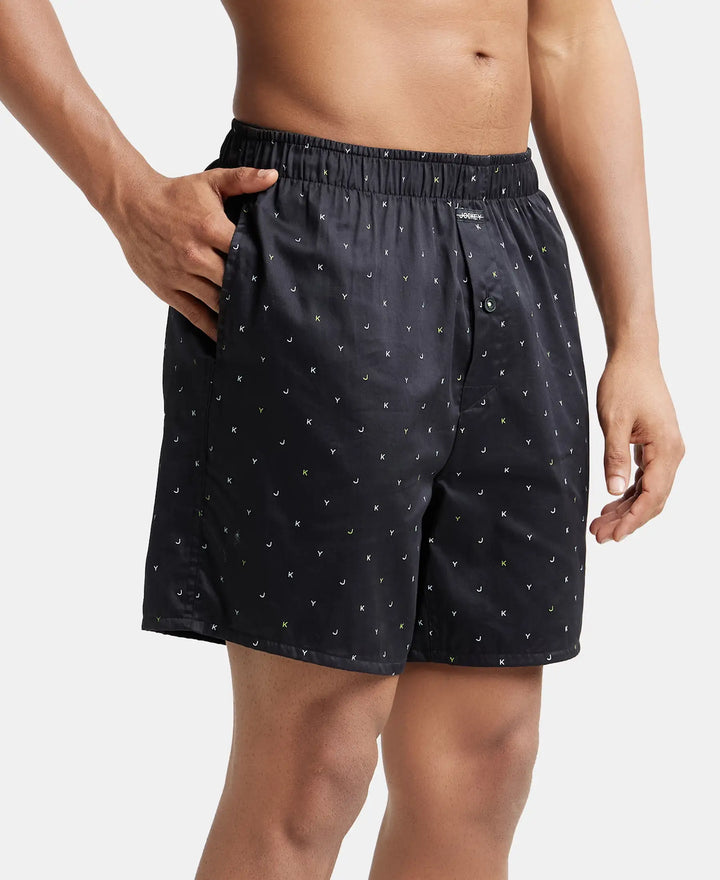 Super Combed Cotton Satin Weave Printed Boxer Shorts with Side Pocket - Black-Jky-2