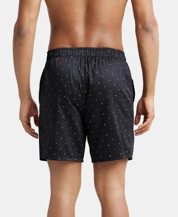 Super Combed Cotton Satin Weave Printed Boxer Shorts with Side Pocket - Black-Jky-3