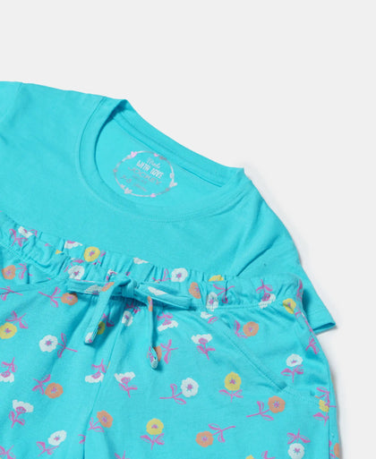 Girl's Super Combed Cotton Short Sleeve T-Shirt and Printed Shorts Set - Blue Curacao