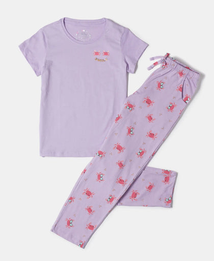 Super Combed Cotton Short Sleeve T-Shirt and Printed Pyjama Set - Lavendula-5