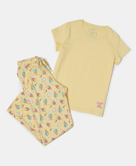 Super Combed Cotton Short Sleeve T-Shirt and Printed Pyjama Set - Pale Banana-5