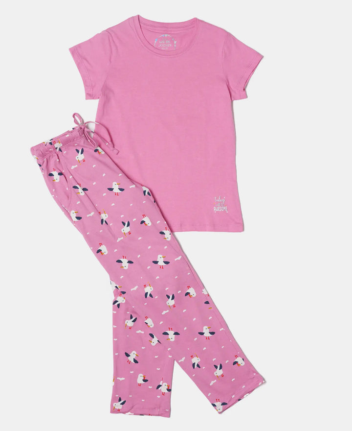 Super Combed Cotton Short Sleeve T-Shirt and Printed Pyjama Set - Wild Orchid-5