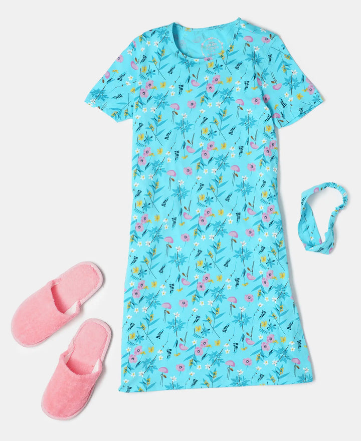 Super Combed Cotton Printed Dress with Matching Headband - Blue Curacao Printed-5