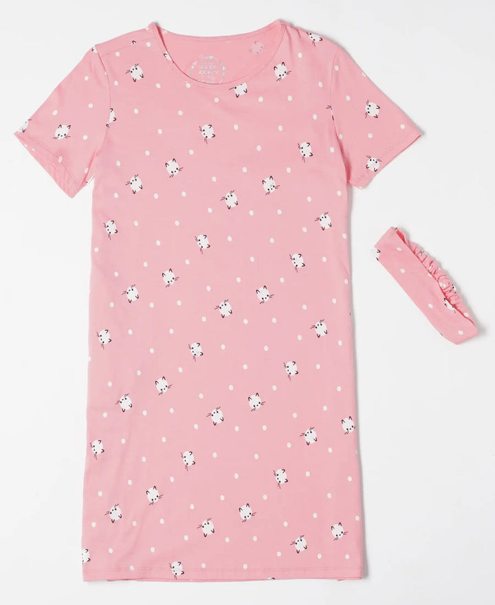 Super Combed Cotton Printed Dress with Matching Headband - Flamingo Pink-1