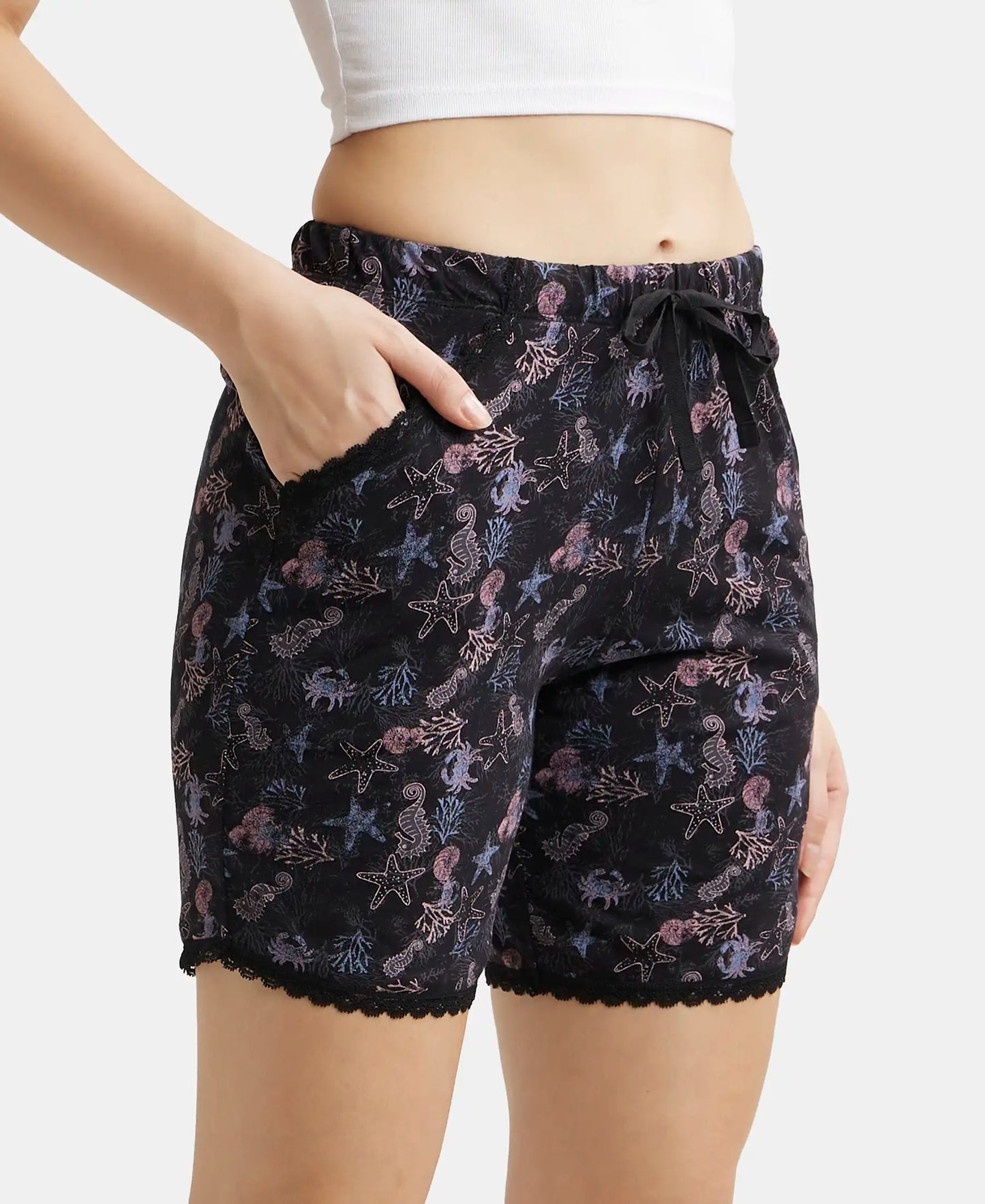 Micro Modal Cotton Relaxed Fit Printed Shorts with Side Pockets - Black-2