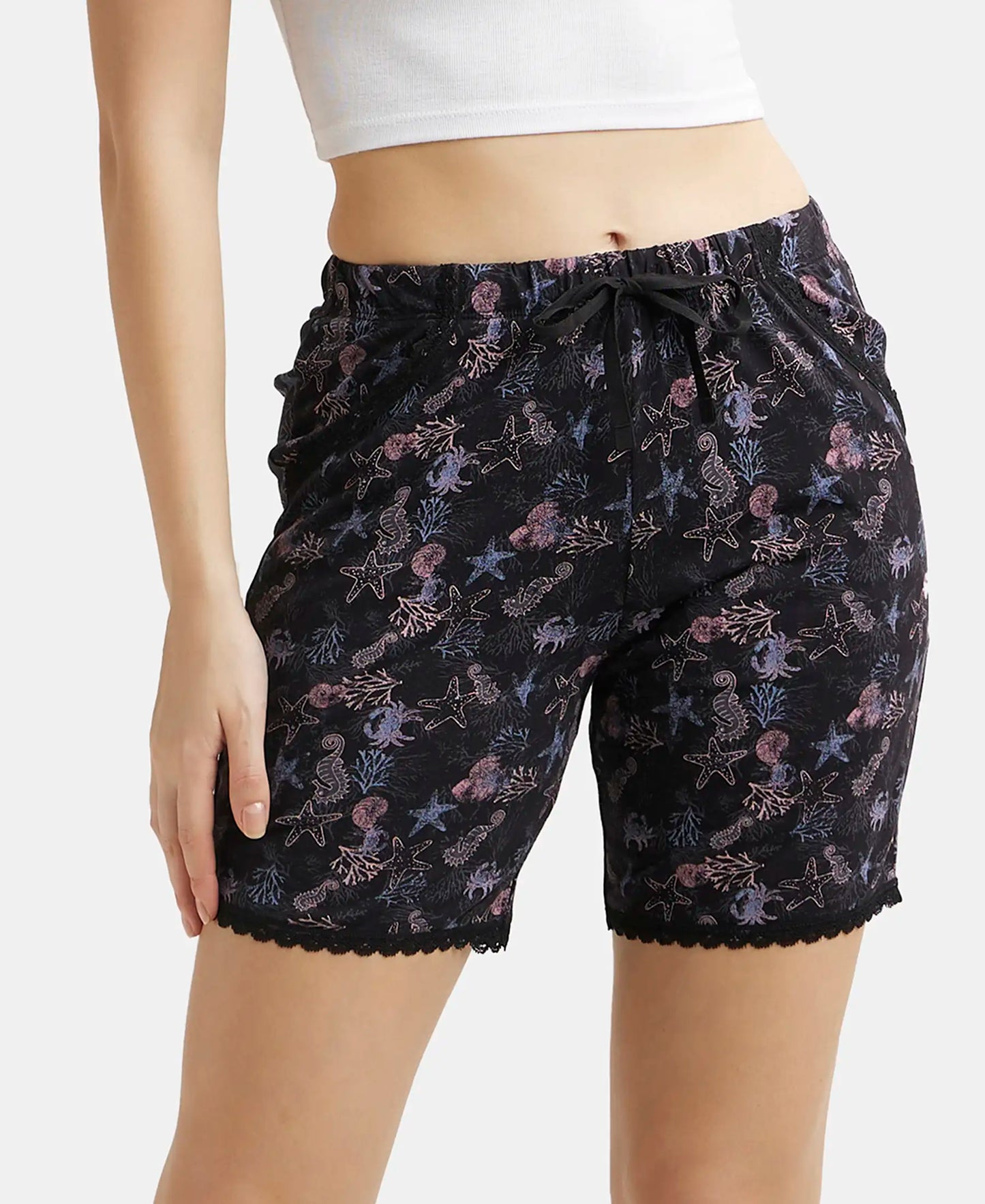 Micro Modal Cotton Relaxed Fit Printed Shorts with Side Pockets - Black-5