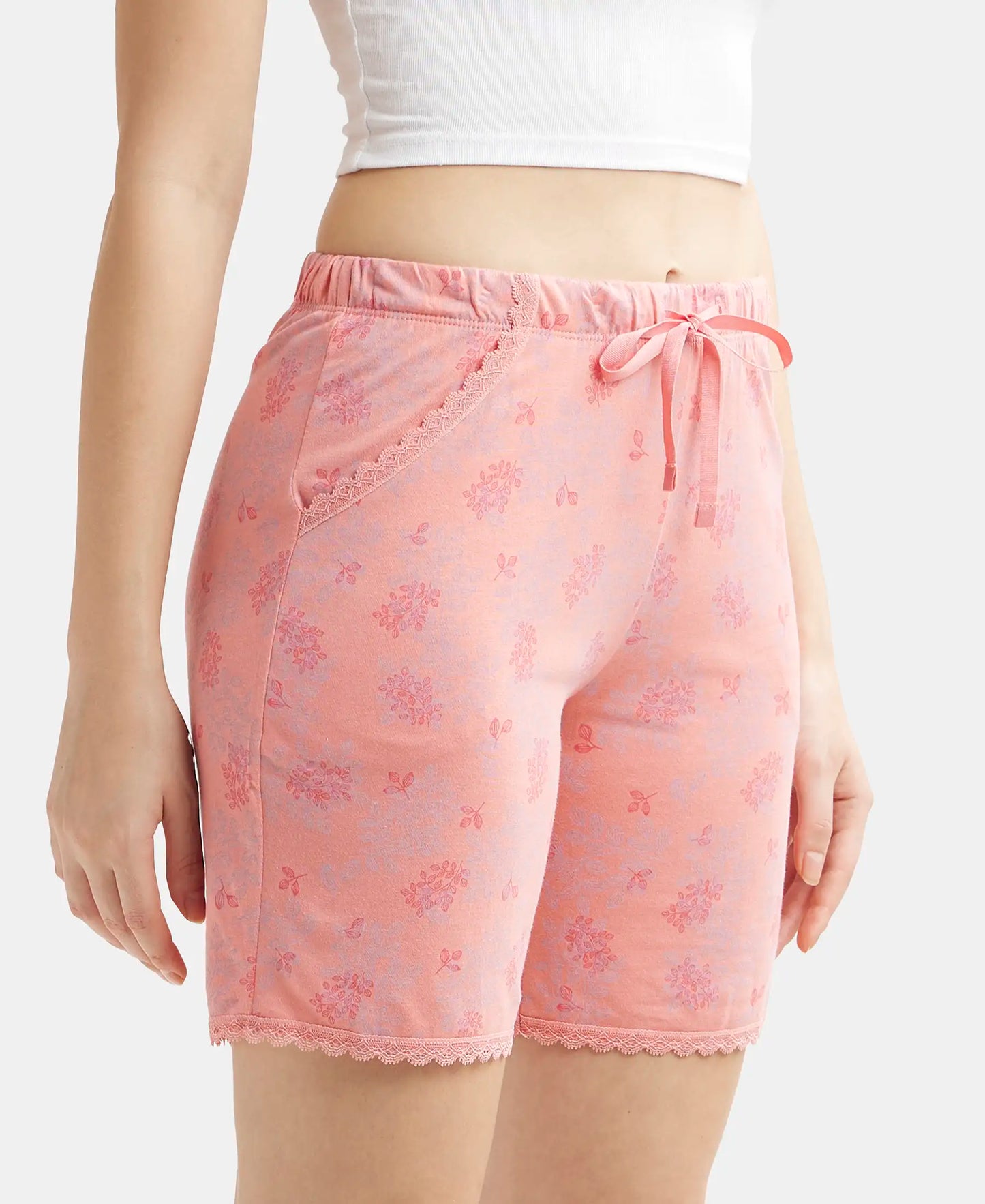 Micro Modal Cotton Relaxed Fit Printed Shorts with Side Pockets - Peach Blossom Assorted Prints-2