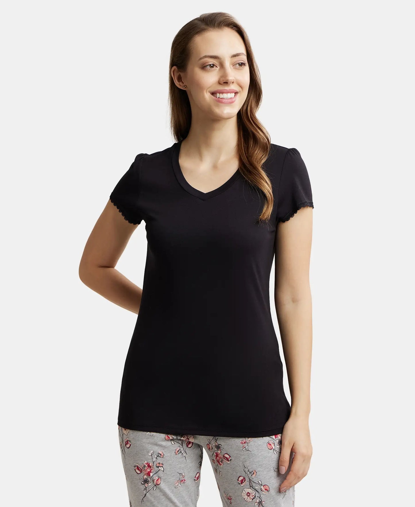 Micro Modal Cotton Relaxed Fit Solid V Neck Half Sleeve T-Shirt - Black-1