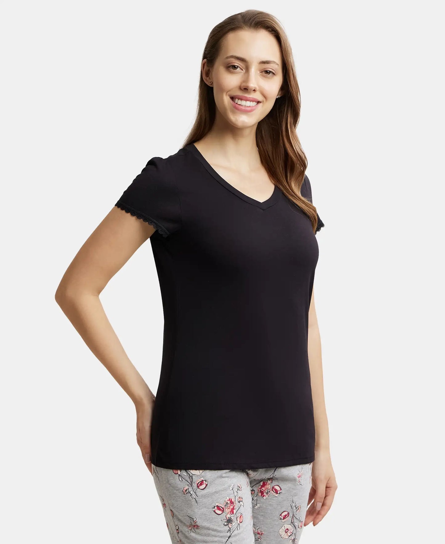 Micro Modal Cotton Relaxed Fit Solid V Neck Half Sleeve T-Shirt - Black-2