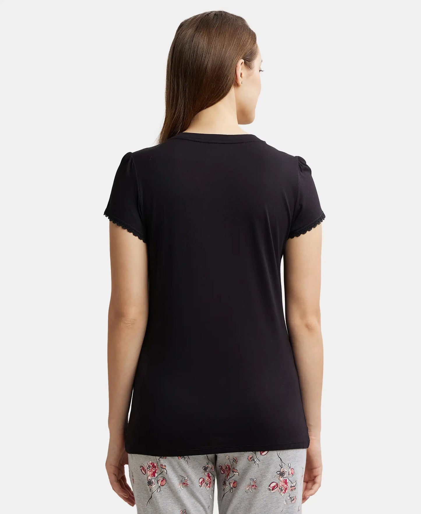 Micro Modal Cotton Relaxed Fit Solid V Neck Half Sleeve T-Shirt - Black-3