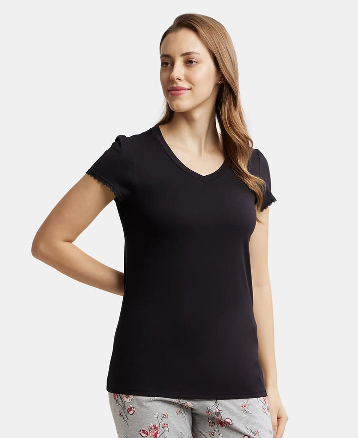 Micro Modal Cotton Relaxed Fit Solid V Neck Half Sleeve T-Shirt - Black-5