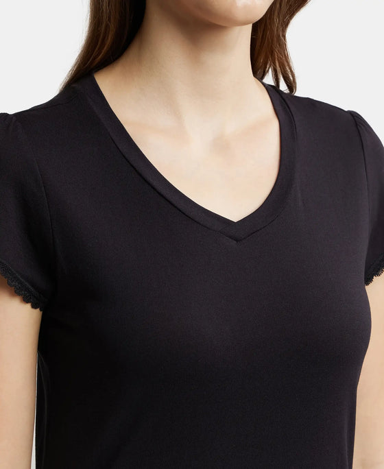 Micro Modal Cotton Relaxed Fit Solid V Neck Half Sleeve T-Shirt - Black-6