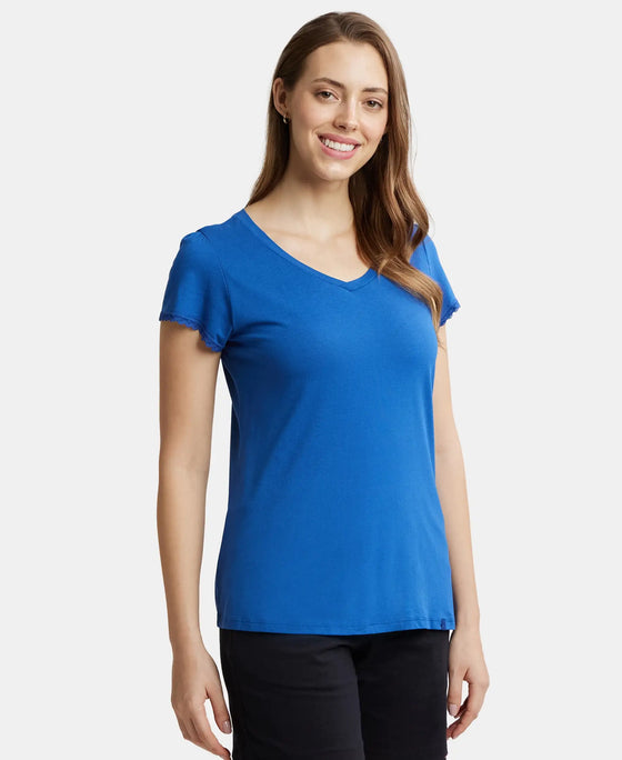 Micro Modal Cotton Relaxed Fit Solid V Neck Half Sleeve T-Shirt - Blue Quartz-2