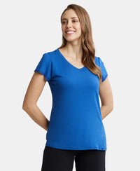 Micro Modal Cotton Relaxed Fit Solid V Neck Half Sleeve T-Shirt - Blue Quartz-5