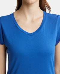 Micro Modal Cotton Relaxed Fit Solid V Neck Half Sleeve T-Shirt - Blue Quartz-6