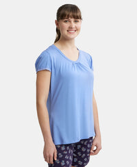 Micro Modal Cotton Relaxed Fit Solid V Neck Half Sleeve T-Shirt - Iris Blue