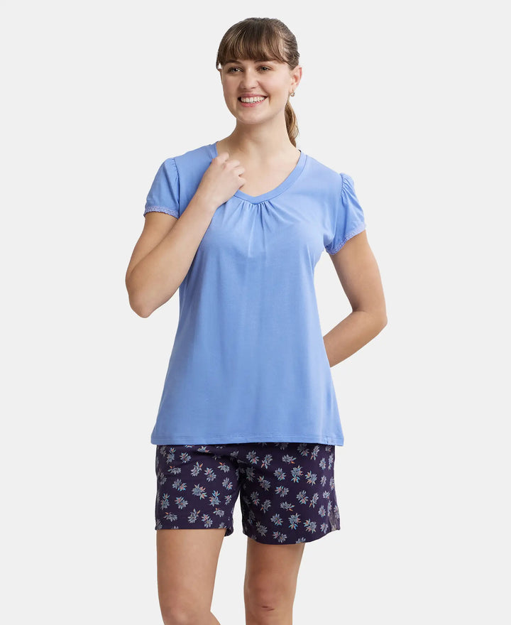 Micro Modal Cotton Relaxed Fit Solid V Neck Half Sleeve T-Shirt - Iris Blue
