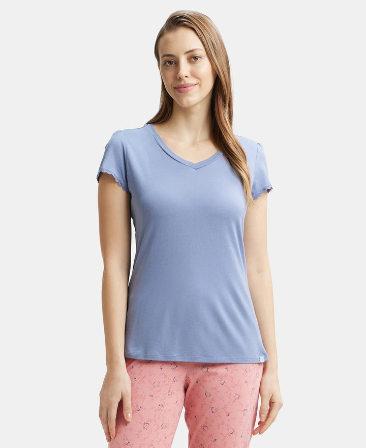 Micro Modal Cotton Relaxed Fit Solid V Neck Half Sleeve T-Shirt - Infinity Blue-5