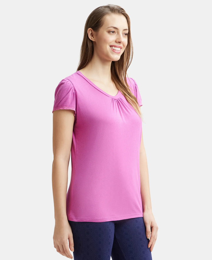 Micro Modal Cotton Relaxed Fit Solid V Neck Half Sleeve T-Shirt - Lavendor Scent-2