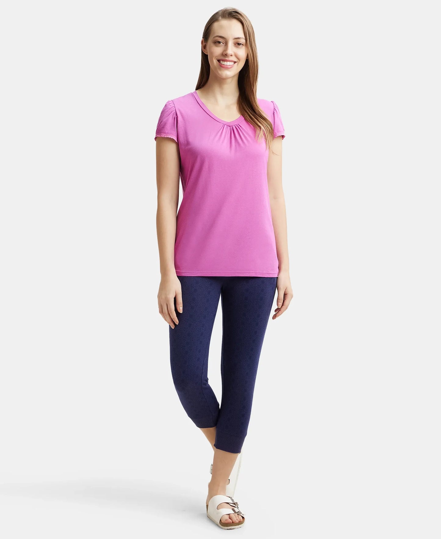Micro Modal Cotton Relaxed Fit Solid V Neck Half Sleeve T-Shirt - Lavendor Scent-4