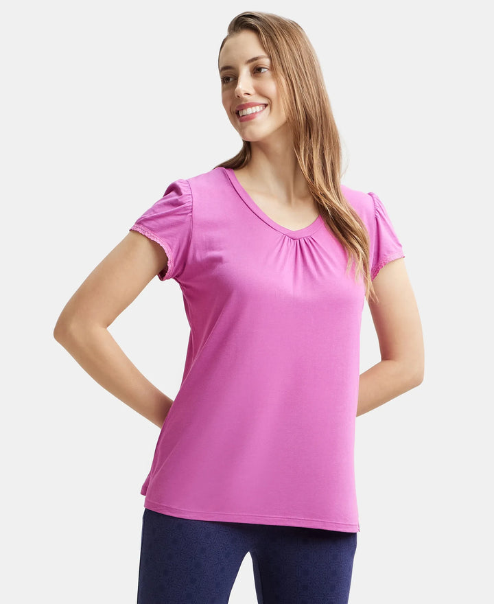 Micro Modal Cotton Relaxed Fit Solid V Neck Half Sleeve T-Shirt - Lavendor Scent-5