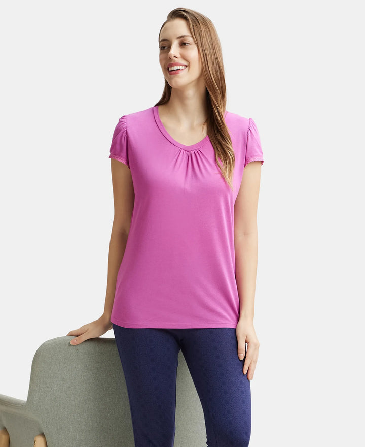 Micro Modal Cotton Relaxed Fit Solid V Neck Half Sleeve T-Shirt - Lavendor Scent-6