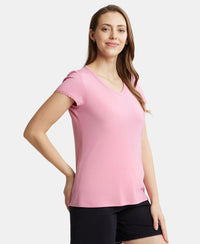 Micro Modal Cotton Relaxed Fit Solid V Neck Half Sleeve T-Shirt - Peach Blossom-2