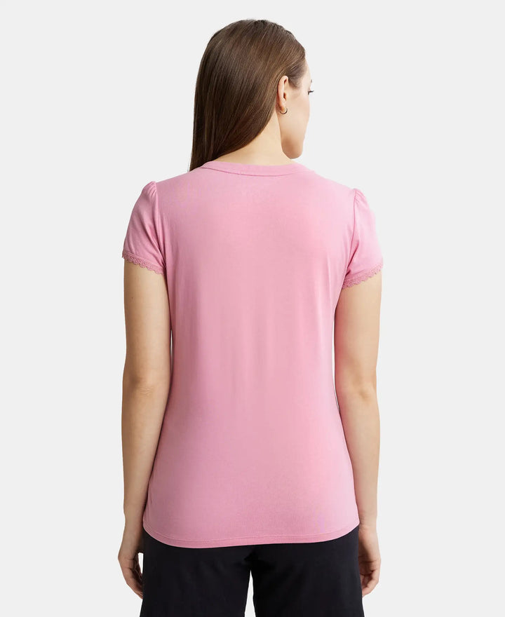 Micro Modal Cotton Relaxed Fit Solid V Neck Half Sleeve T-Shirt - Peach Blossom-3