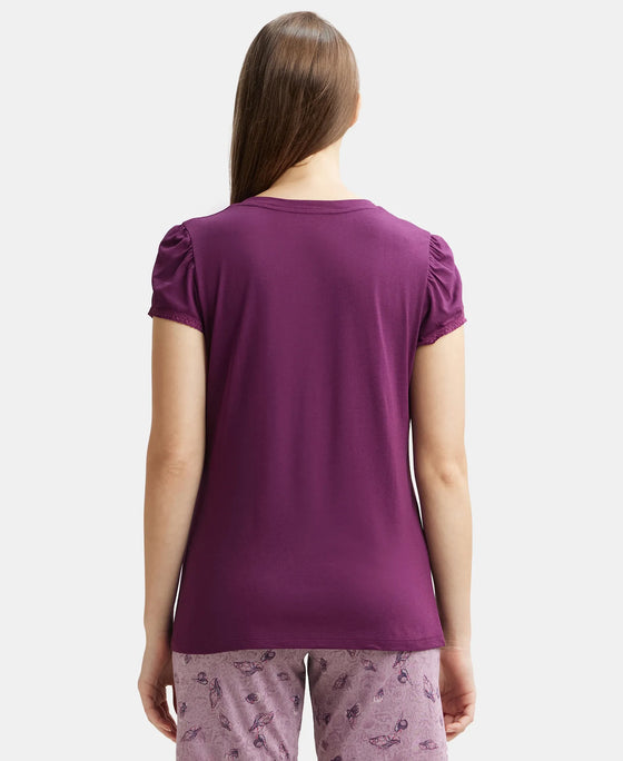 Micro Modal Cotton Relaxed Fit Solid V Neck Half Sleeve T-Shirt - Purple Wine-3