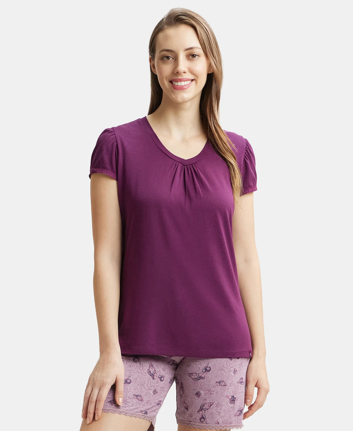 Micro Modal Cotton Relaxed Fit Solid V Neck Half Sleeve T-Shirt - Purple Wine-5