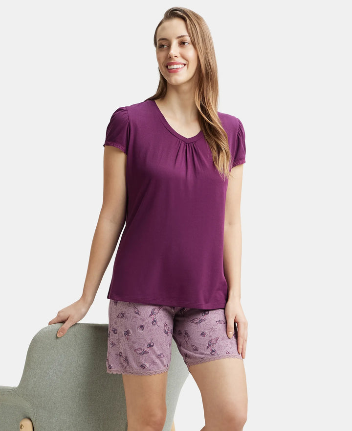 Micro Modal Cotton Relaxed Fit Solid V Neck Half Sleeve T-Shirt - Purple Wine-6