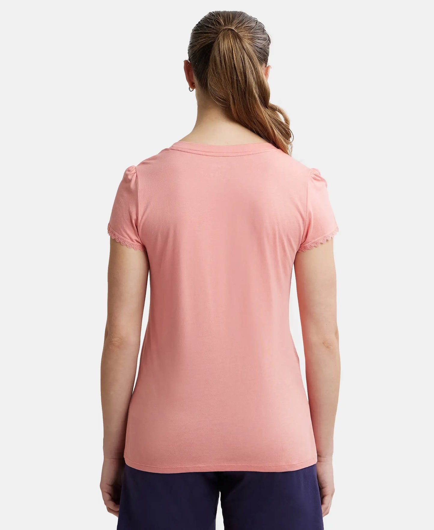 Micro Modal Cotton Relaxed Fit Solid V Neck Half Sleeve T-Shirt - Wild Rose-3